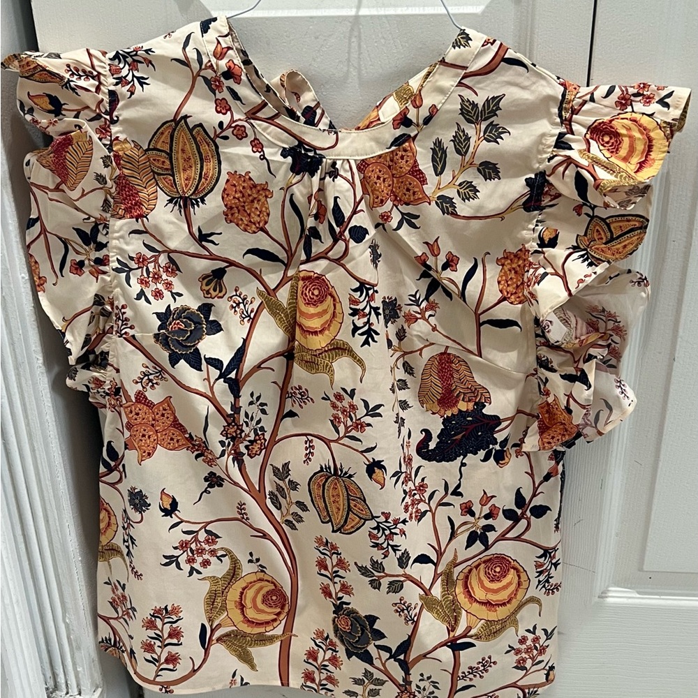 Elie Tahari Cream Flutter Sleeve Blouse with Floral Paisley Design Large